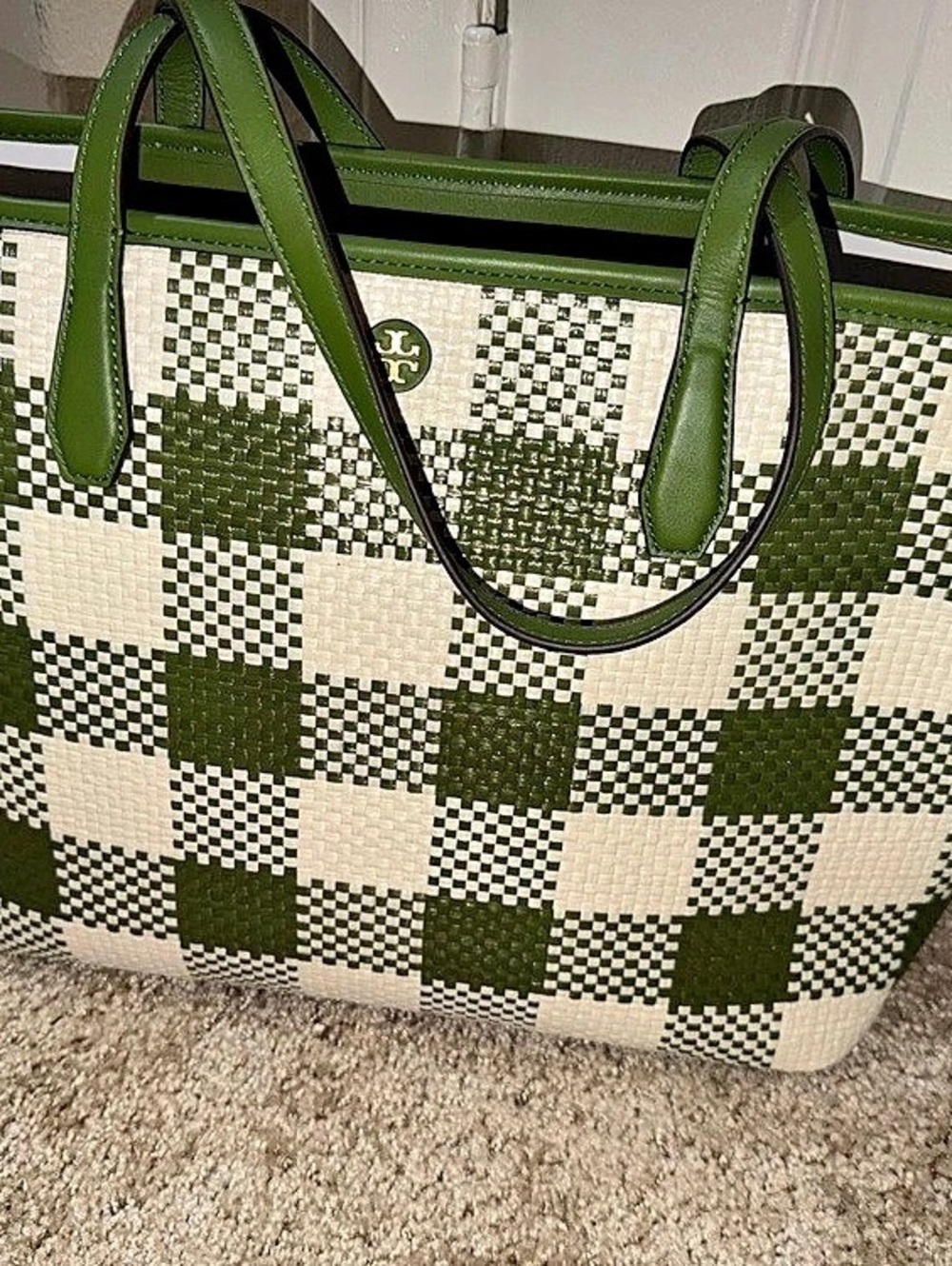 Tory Burch Ella Gingham Tote Checkered Tote in Green & White NWT